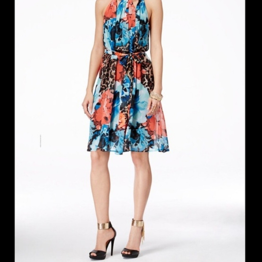 Thalia Dress, Size XL, Gold Accent Straps, Halter Style, Sleeveless, Sash Belt‎